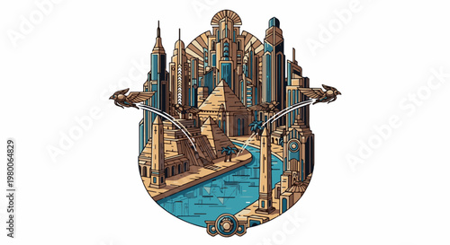 Stylized ancient city with pyramids and flying creatures against a blue sky