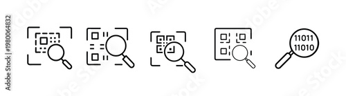 QR code scanning and data analysis line icons set featuring digital barcode identification information search binary code processing and electronic verification more vector illustration with editable 