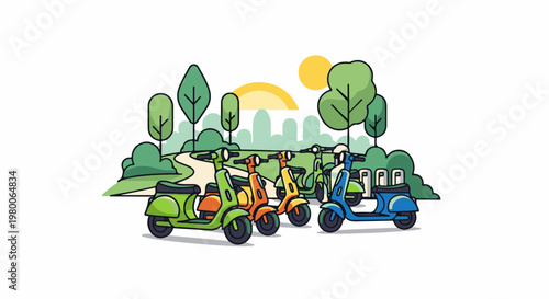 Colorful scooters parked in a park with trees and a curving path