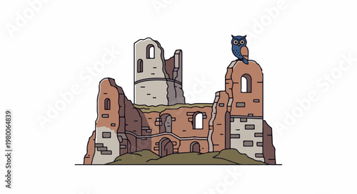 A whimsical cartoon owl perches atop ancient, crumbling stone ruins on a grassy hill