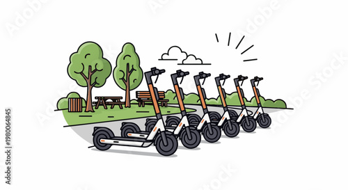 Electric scooters parked in a park with trees, picnic table, and bench