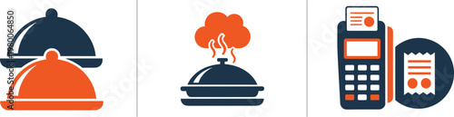 Two covered food dishes one red and blue one black and orange with a payment terminal and receipt.