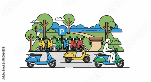 Colorful scooters parked and ridden in a park setting with trees