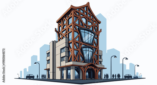 Modern building with artistic wooden facade and large windows