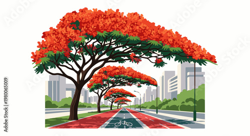 Row of vibrant orange trees lining a city bike path
