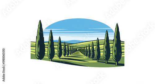 A picturesque landscape with cypress trees lining a winding road under a blue sky