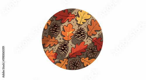 A circular illustration features autumnal oak leaves and pinecones scattered on a textured background