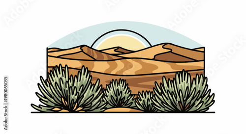 A stylized desert landscape with sand dunes, a rising sun, and scrubby vegetation