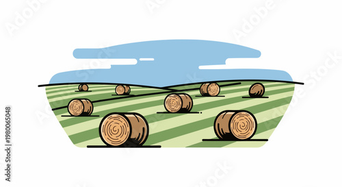 Stylized farm field with hay bales under a blue sky