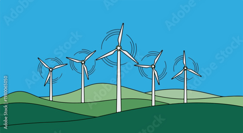 Five white wind turbines rotate on rolling green hills under a clear blue sky