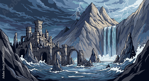 Epic pixelated castle ruins on a stormy coast with a waterfall
