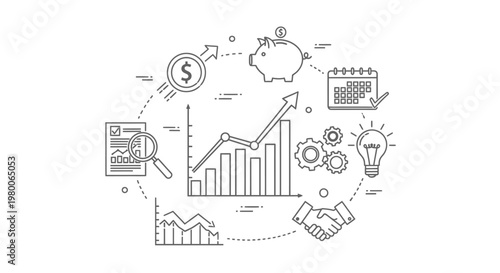 Diagram shows various financial growth indicators including a rising bar chart, a piggy bank, a calendar with a checkmark, handshake icon, and a lightbulb for innovation concepts on white background.