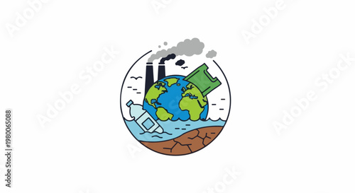 Earth polluted by industry, plastic waste, and drought, depicted in a circle