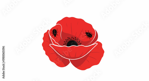 Stylized red poppy with two black beetles on its petals