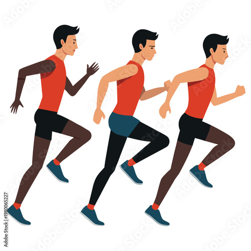 Three male runners depicted in sequential motion illustrating the phases of a running stride