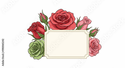 Ornate frame adorned with a bouquet of red, pink, and green roses