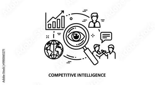 Competitive intelligence is represented by a magnifying glass focused on an eye icon alongside charts, a globe, and human figures to illustrate market research and strategic analysis for businesses.