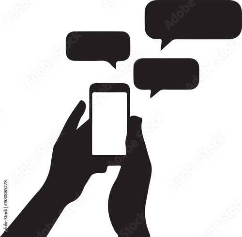 Hands holding smartphone with speech bubbles vector illustration on checkered background.