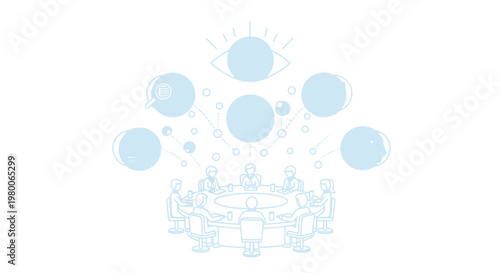 Meeting participants sit at a round table while stylized bubbles representing ideas float above them under a large eye symbol that signifies oversight and corporate leadership in this digital sketch.