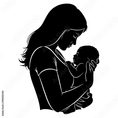 Illustration Depicting a Loving Mother Gently Cradling Her Precious Newborn, Celebrating the Beautiful Bond of Motherhood and Affection, Perfect for Mother's Day