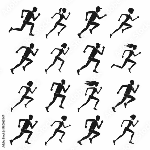 A collection of black silhouettes depicting diverse people actively running and exercising