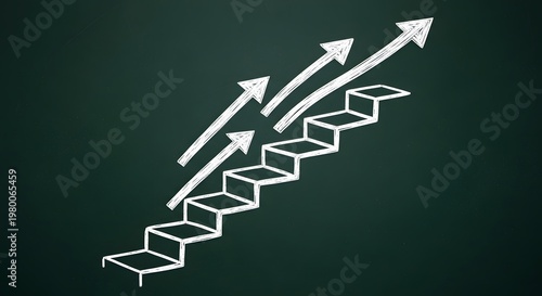 Chalkboard illustration of ascending steps with arrows a visual metaphor for growth and success