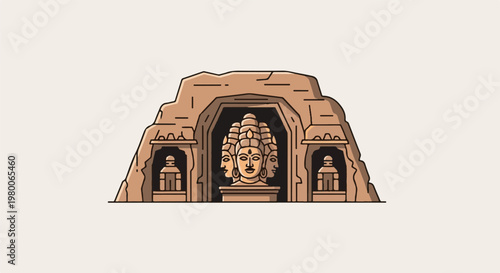 Stylized stone cave entrance with multi-faced statue and figures