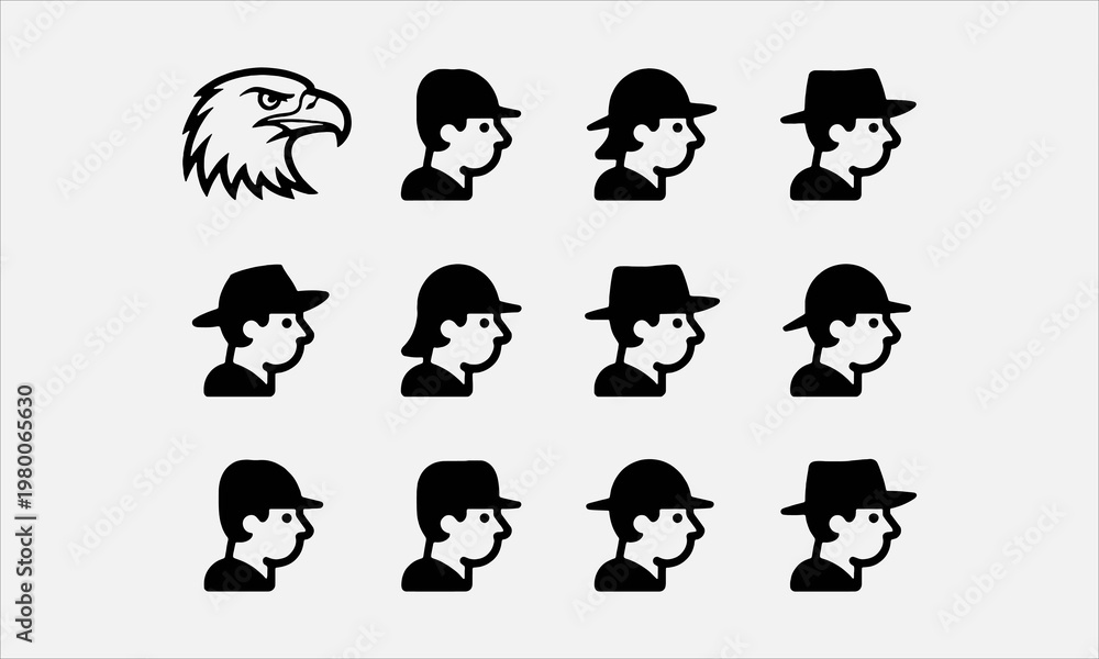 Obraz premium Eagle and Fashion Silhouette Set Bird and Hat Profiles in Line Art