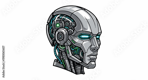 Close-up of a metallic humanoid robot head, intricate inner workings visible