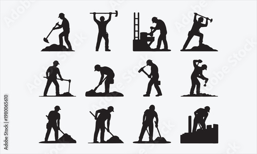 Construction Labor Silhouette Pack Manual Worker Poses in Vector Style