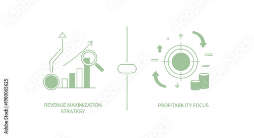 Revenue maximization strategy and profitability focus are displayed as two distinct graphic elements with a slider bar to compare financial performance metrics and business growth optimization goals.
