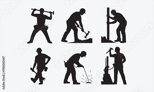 Construction Labor Silhouette Pack Manual Worker Poses in Vector Style