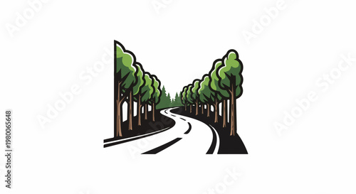A curving road lined with trees leads to a distant forest
