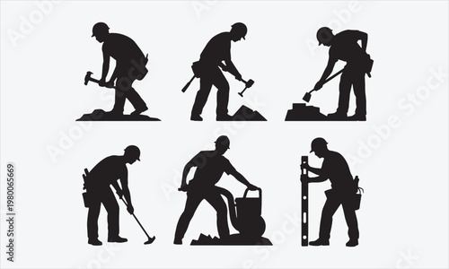 Construction Labor Silhouette Pack Manual Worker Poses in Vector Style