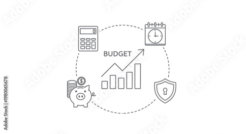 Budget planning concept features a central growth chart surrounded by a calculator, calendar, piggy bank, and shield icon to illustrate financial management, security, and fiscal responsibility.