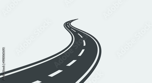 A winding asphalt road with dashed white lines curves into the distance