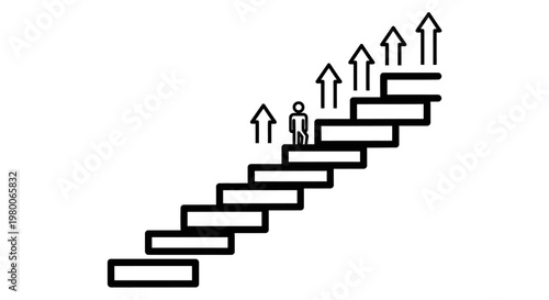 Businessman climbing a set of stairs with upward pointing arrows illustrates the concept of professional growth, career advancement, goal achievement, and the continuous pursuit of corporate success.