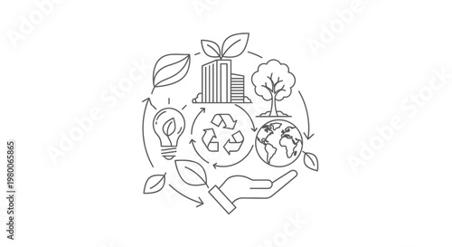 Sustainability diagram featuring a hand holding a globe surrounded by icons of a lightbulb, a tree, and a building highlights the importance of ecological conservation and green business practices.