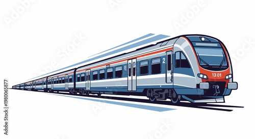Sleek, modern commuter train speeding along tracks, stylized illustration