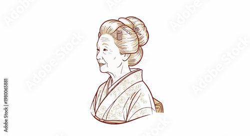 Elegant elder woman with intricate hair and floral kimono attire