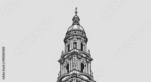 Ornate dome with a cross atop an elaborate classical tower against a light background