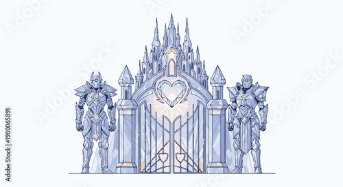 Glistening palace gates guarded by armored sentinels, radiant heart emblem
