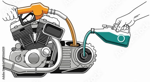 Hands adding fuel and oil to a motorcycle engine