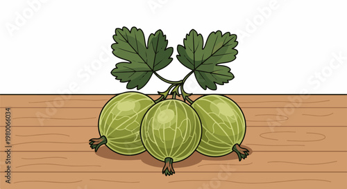Three green gooseberries with leaves on a wooden surface