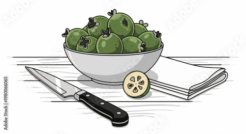 A bowl of green feijoa fruits with a sliced piece and knife
