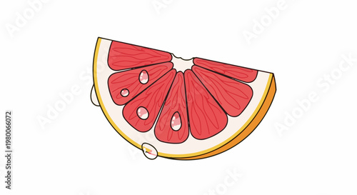 A juicy wedge of pink grapefruit with glistening water droplets
