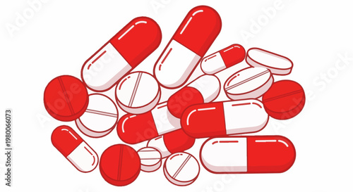 Pile of red and white medical capsules and pills on a white background