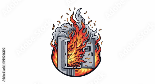 A metal utility box is engulfed in bright orange flames and grey smoke