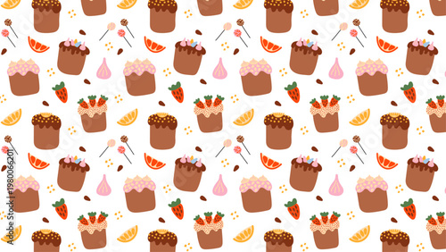 Seamless Easter pattern with cakes, eggs, bunny, sweets, strawberries and citrus elements. Cute repeat design in retro cartoon style with soft spring colors.
