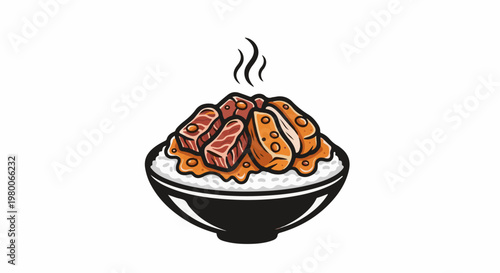 Delicious hot meal of rice topped with savory meats and sauce